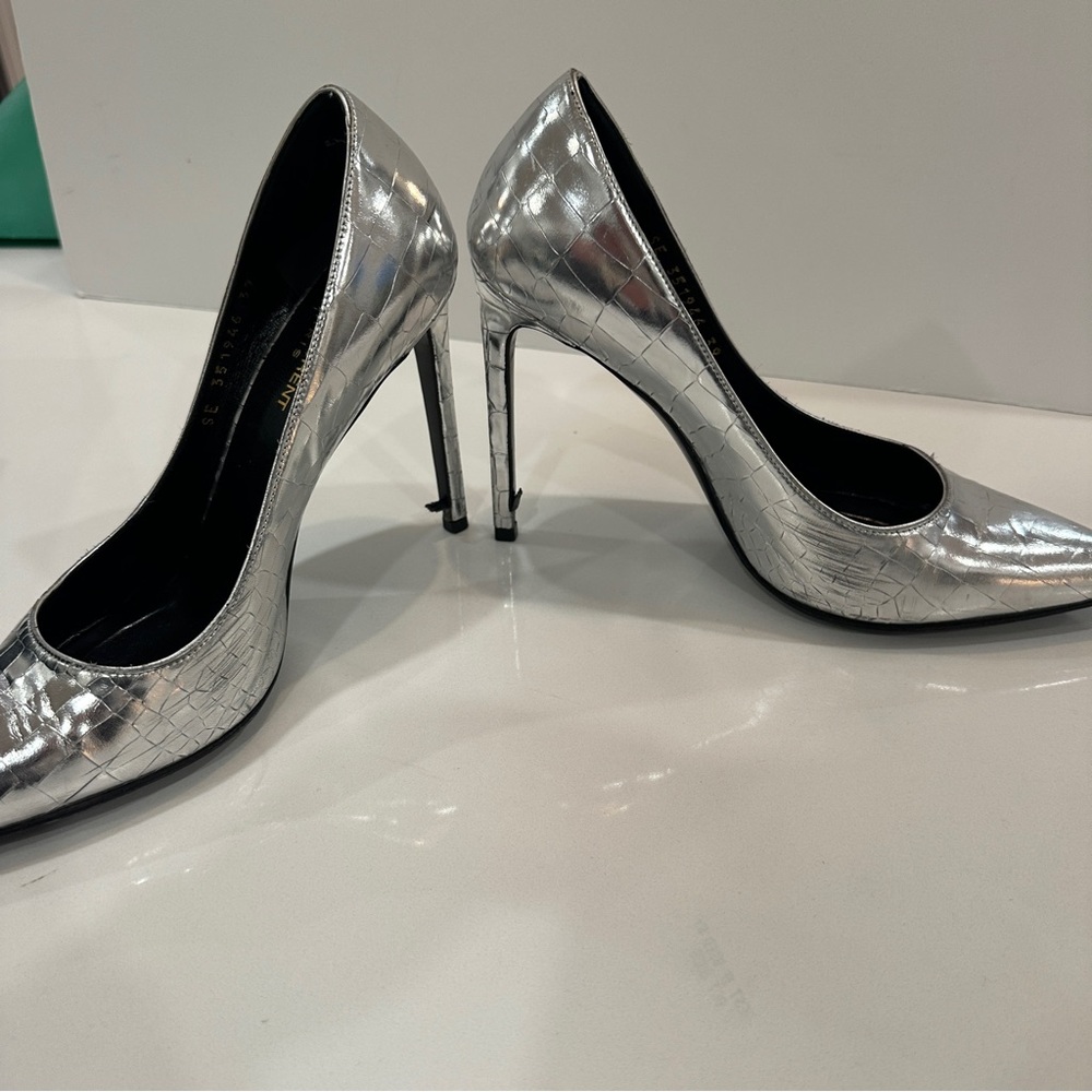 Yves Saint Laurent Paris Stiletto Pumps Sz 39 Silver Metallic Heels Texture - Picture 6 of 16